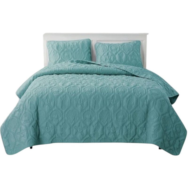Hivvago King Coastal Beach Starfish Seashell Seahorse Aqua Blue Teal 3-Piece Quilt Set