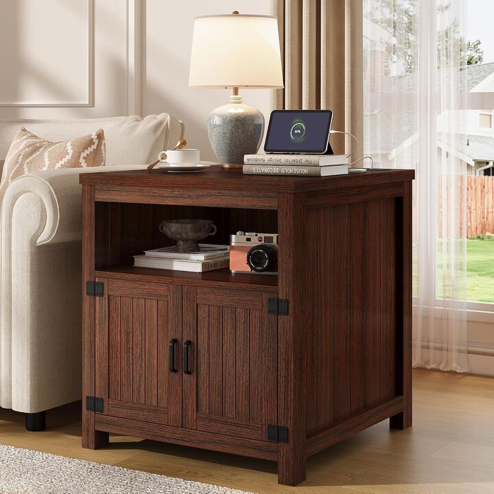 End Table with Charging Station, 24" Large Side Table with Open Shelf and Barn Door Storage, Wood Bedside Table Nightstand for Living Room, Bedroom