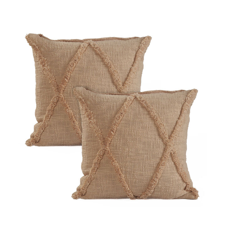 HomeRoots Set of Two Tan Diamond Cotton Throw Pillow With Fringe