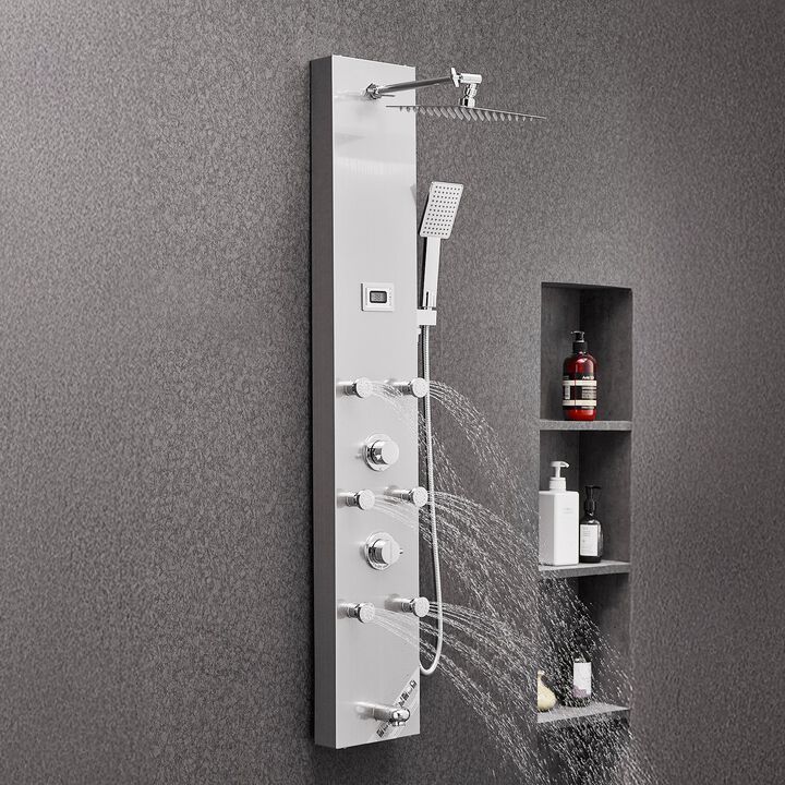 LED Shower Panel Tower with Rainfall Head, 6 Body Jets, Handheld and Tub Spout-Silver