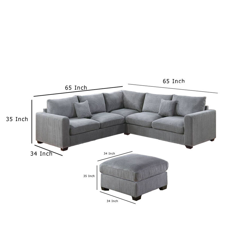 Rey 4pc L Sectional Sofa Set, 2 Accent Pillows, Gray Corduroy Fabric - Benzara