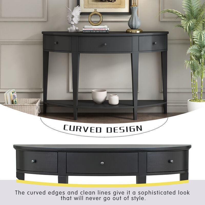 Modern Curved Console Table Sofa Table with 3 drawers and 1 Shelf for Hallway, Entryway