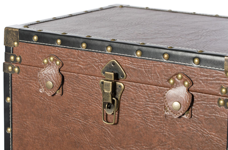 Silver and Brown Trimmed Faux Leather Lockable Square Lined Storage Trunk, End Table on Metal Stand