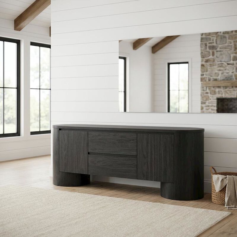 Oval Entertainment Center TV Console Cabinet with Storage and Drawers, Light Oak image number 4