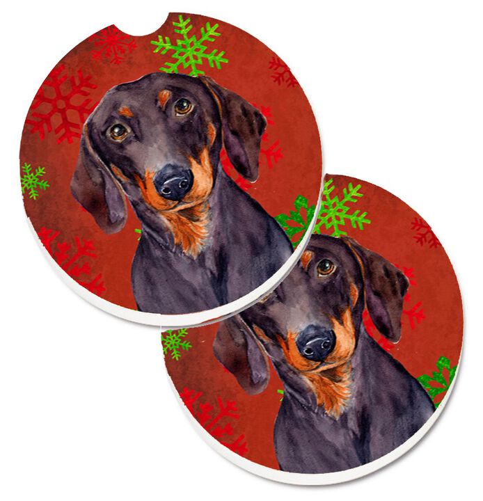 Caroline's Treasures Dachshund Red & green Snowflakes Holiday Christmas Set of 2 Cup Holder Car Coasters LH9313CARC, 2.56, Multicolor