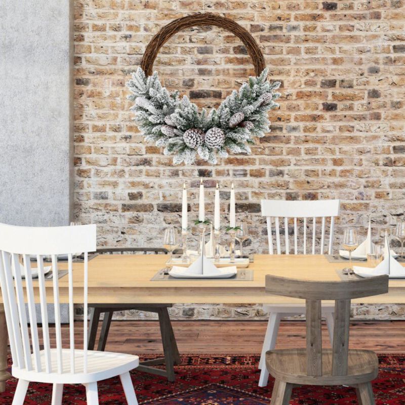 Hivvago Pre-lit Snow Flocked Artificial Christmas Wreath with 8 Pine Cones and 35 LED Lights