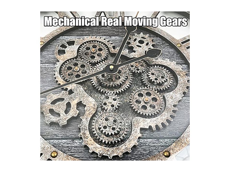Moving Gears Oversize Vintage Industrial Wall Clock 24 Inch Wood Gray