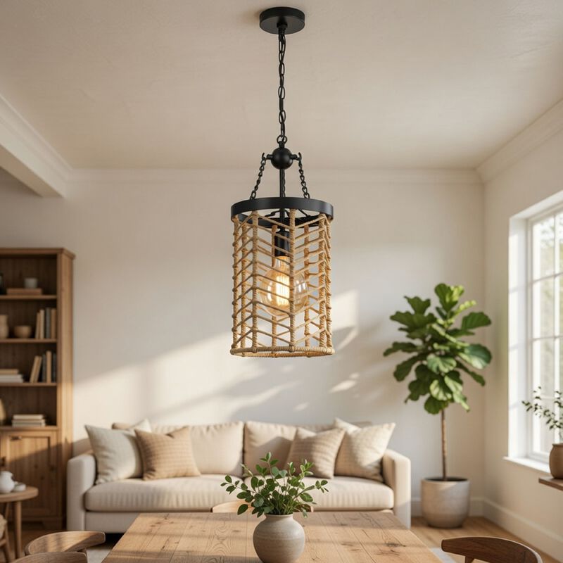 Pendant Light, Cylindric Caged Body with Braided Burlap Rope, Black Metal image number 8
