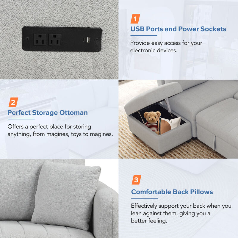 Merax L-shaped Sectional Pull Out Sofa Bed Sleeper Sofa with 2 USB Ports. image number 5