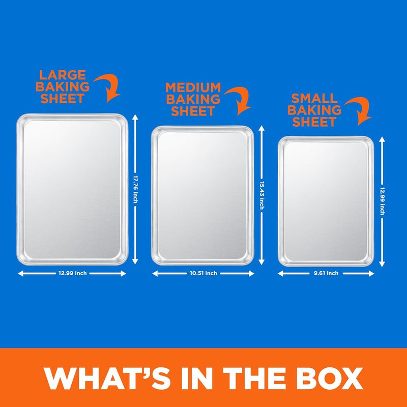 Baking Pan Set - Small, Medium, and Large Aluminum Cookie Sheet Pan (9x13, 10.5x15, 13x18), PFOA, PFOS, PTFE Free, Recipe Booklet Included, Oven Safe, Resist Heat Up To 500&deg;F, Set of 3