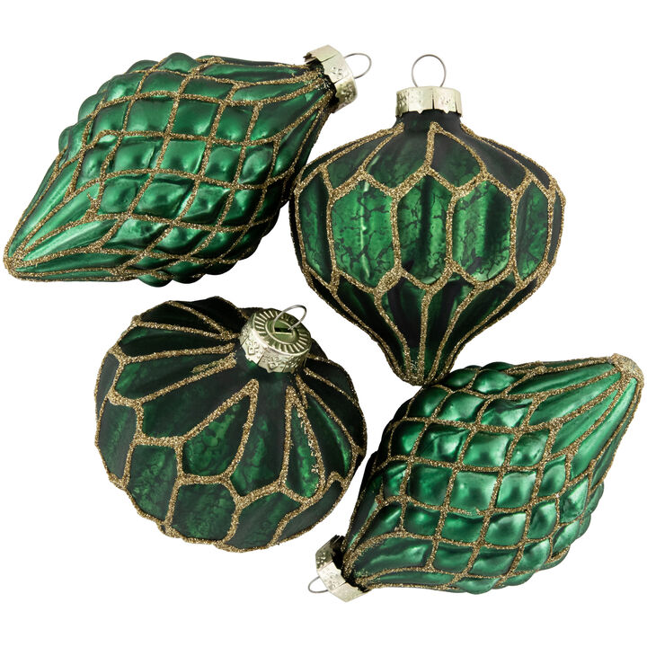 4ct Green with Gold Glitter Onion and Finial Glass Christmas Ornaments 4.75"