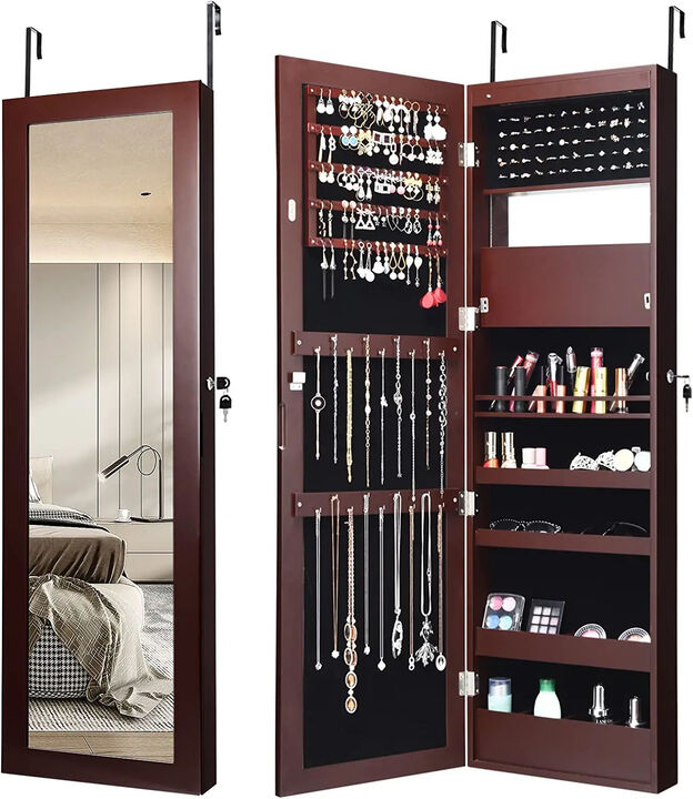 Lockable Wall Door Mounted Mirror Jewelry Cabinet w/LED Lights