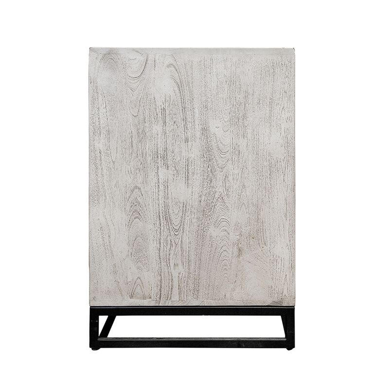 Jen 87 Inch Sideboard Cabinet, Doors, Shelves, Black Iron Stand, Cream Wood - Benzara