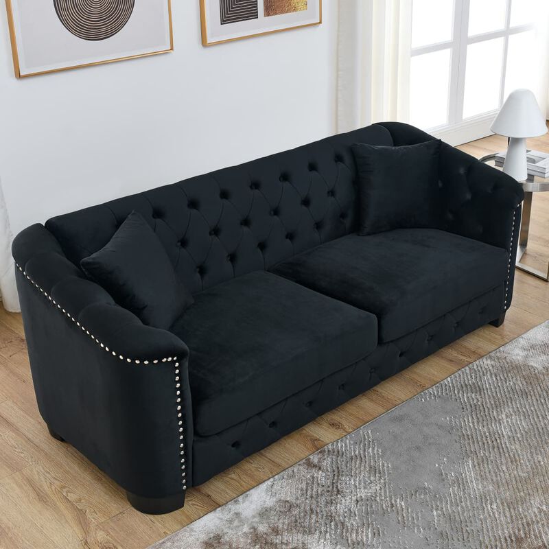 77 Inch Velvet Chesterfield Sofa, Button Tufted 3 Seater Sofa with Rolled Arms and Nailhead Trim, Upholstered Sofa with 2 Pillows image number 3