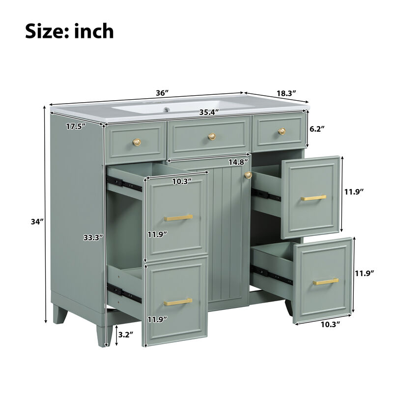 36" Bathroom Vanity with Ceramic Sink, Grey