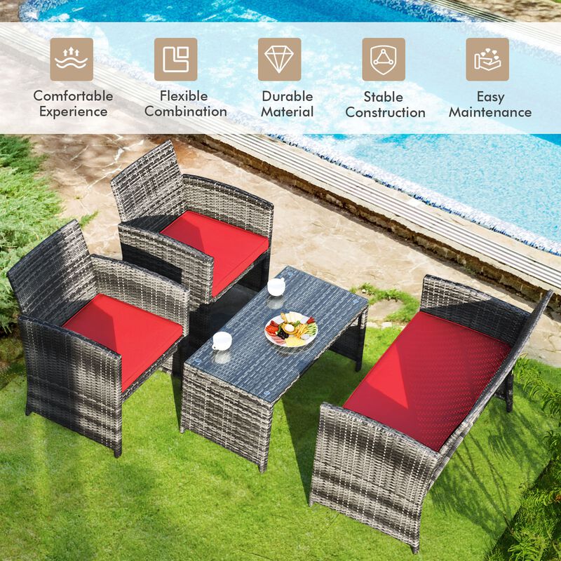 4 Pcs Patio Rattan Furniture Set Top Sofa With Glass Table