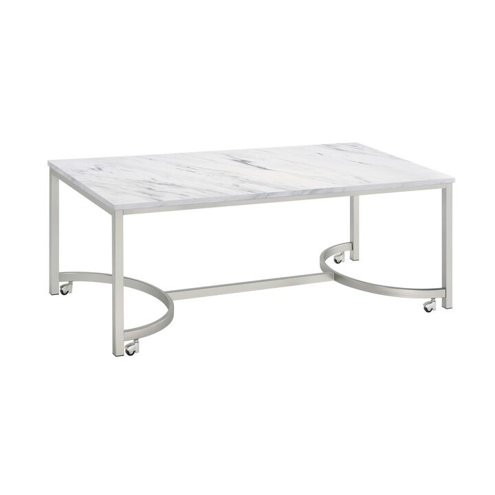46 Inch Coffee Table, Faux Marble Surface, Silver Finished Geometric Base-Benzara