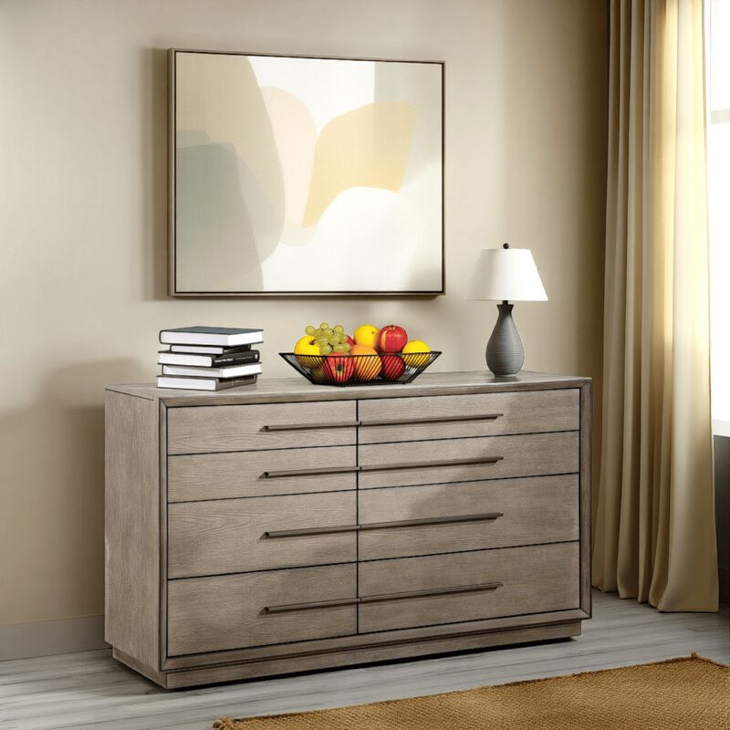 Lyni Wide Dresser, 8 Storage Drawers, Open Shelf, Washed Oak Brown - Benzara