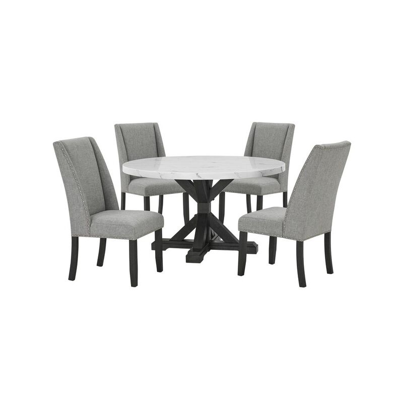 Best Quality Furniture 5Pc Faux Marble Table With 4 Rustic Gray Fabric Side Chairs