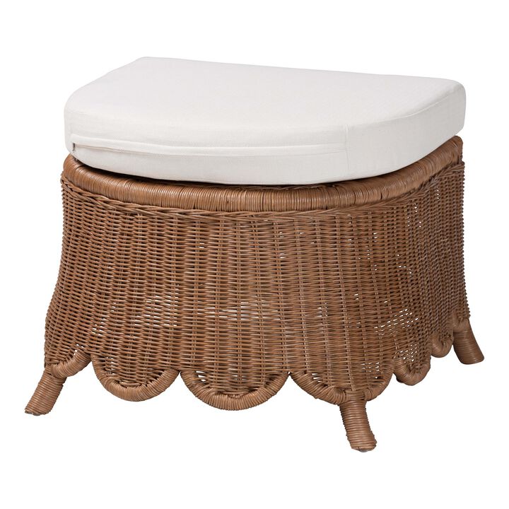 bali & pari Detta Natural Rattan Footstool with Cushion - Handwoven Wicker Ottoman with Scalloped Skirt Base for Coastal Lounge or Sunroom Seating