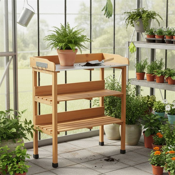 3 Layers Outdoor Work Bench w/Hook, Metal Tabletop, Solid Wood Workstation