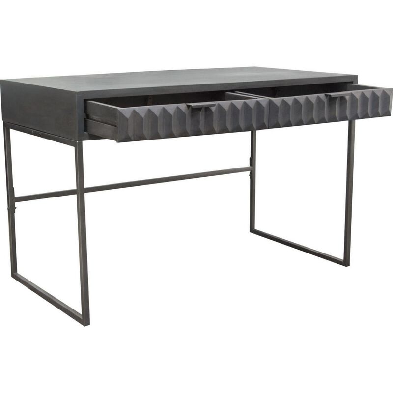Fiva 47 Inch 2 Drawer Desk, Embossed Geometric Patterns, Smoke Gray Wood - Benzara