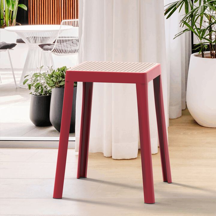 LeisureMod Tresse Stackable Square Dining Stool with Wicker Top, Lightweight Durable Design for Kitchen, Garden, Balcony, Cafe, Deck, or Terrace Use, Set of 2