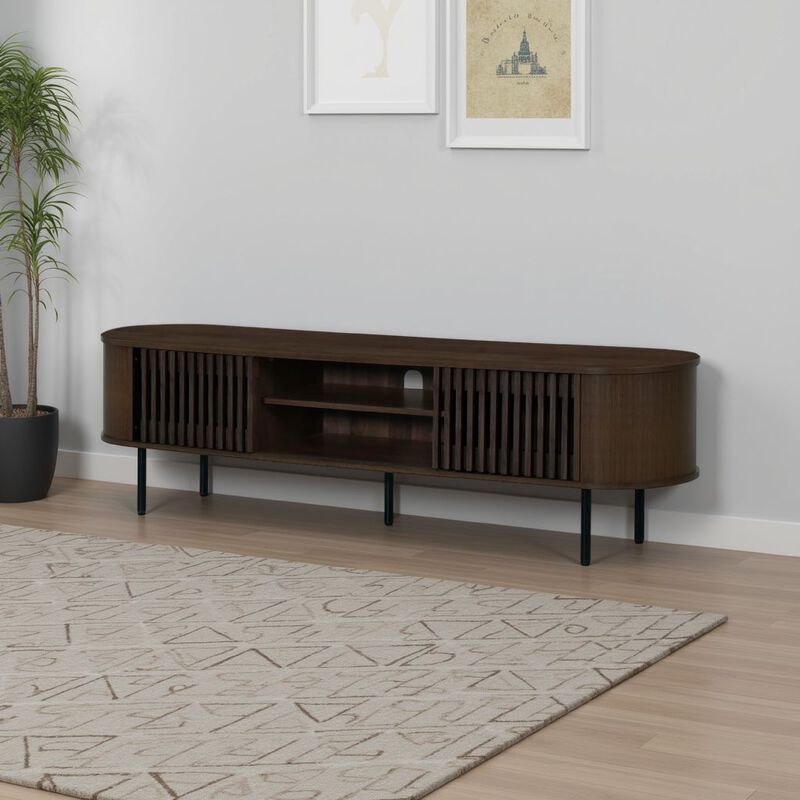 Brandon TV Stand Media Console, Shelf 2 Cabinets, Dark Brown, 71 Inch - Benzara