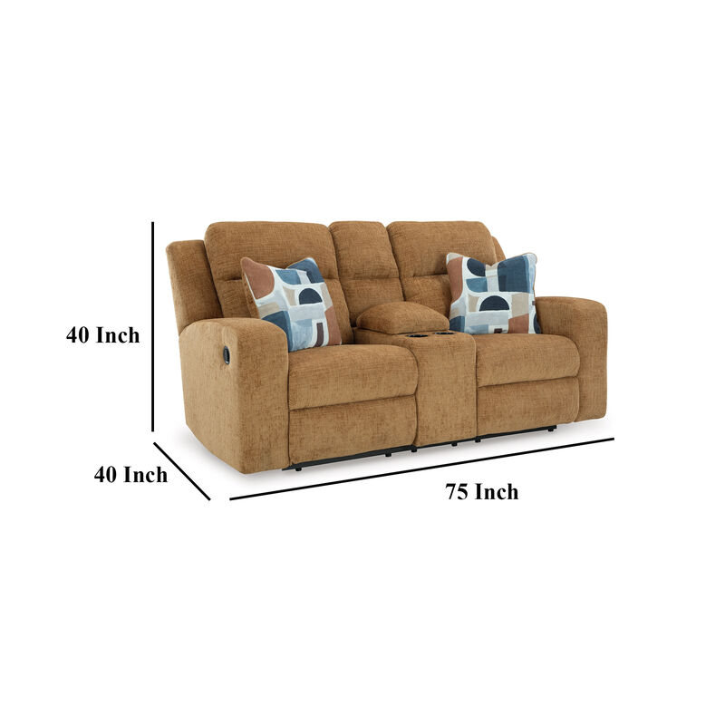 Damon Double Reclining Loveseat, Camel Brown Polyester, 2 Pillow - Benzara
