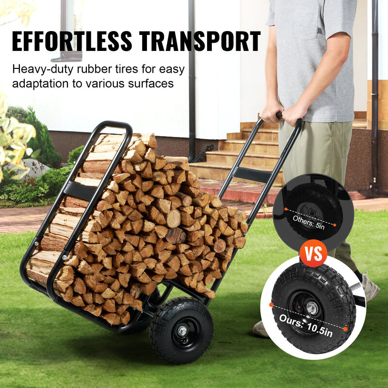 Firewood Log Cart with Pneumatic Wheels and 250 lb Capacity for Indoor or Outdoor Use