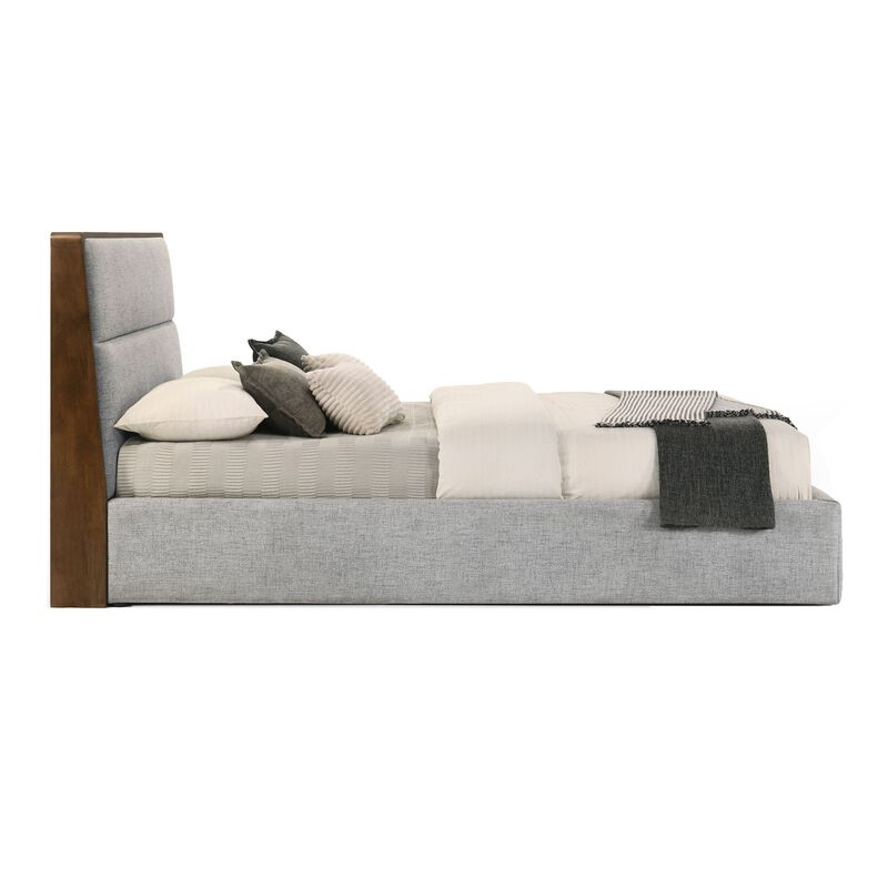 Aki Queen Size Platform Bed, Cushioned Upholstery, Gray Polyester, Walnut - Benzara