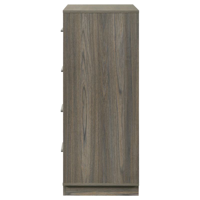 Fene Tall Dresser Chest, 4 Storage Drawers, Nickel Bar Handles, Gray - Benzara