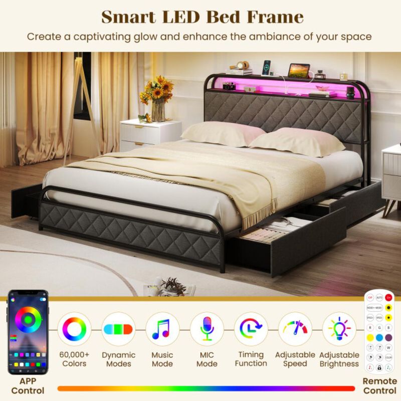 Hivvago Bed Frame with LED Lights and Charging Station-Queen Size