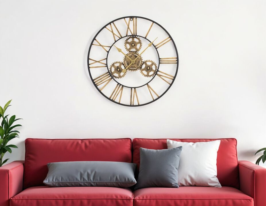 HomeRoots 24" Black And Gold Metal Analog Exposed Gear Round Wall Clock