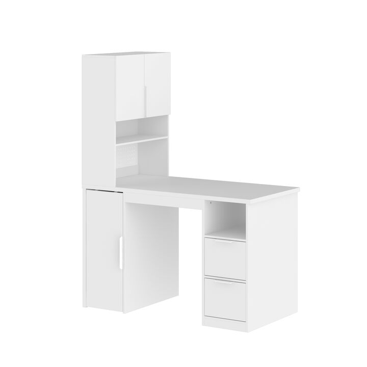 FUFU&GAGA White Study Desk & Storage Cabinet with Sliding Door, Open Shelves & Pegboard, E1 Particle Board, Metal Handles (47.3 in. W x 23.7 in. D x 61.4 in. H)