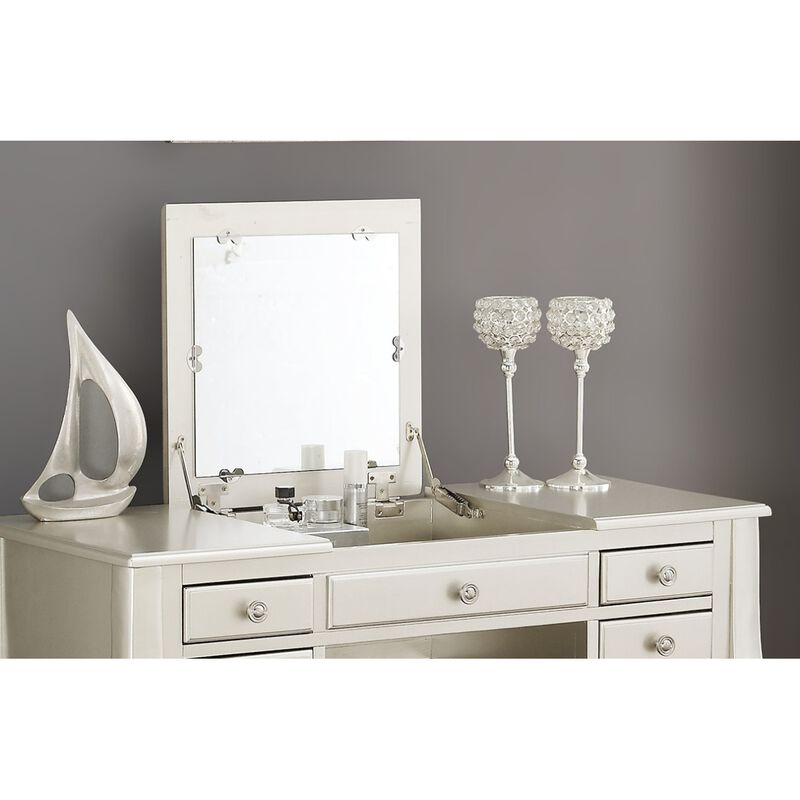 Classic Vanity Set w Stool Silver Color Drawers Open-up Mirror Bedroom Furniture Unique Legs Cushion Seat Stool Vanity
