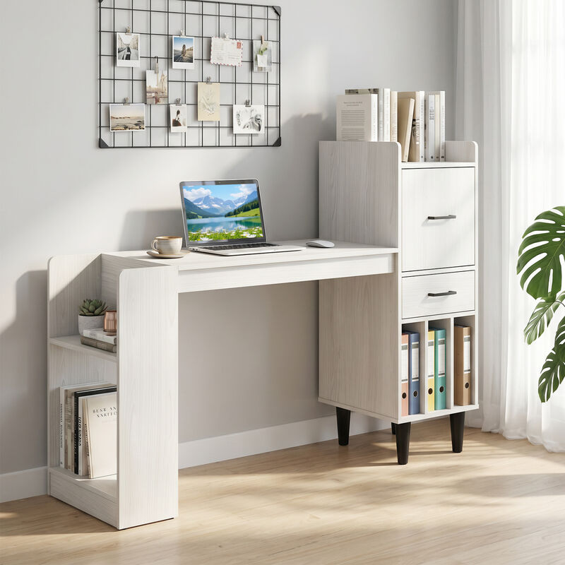 Modern Home Office Desk with Storage Shelves and Drawers for Bedroom Workspace-White image number 4