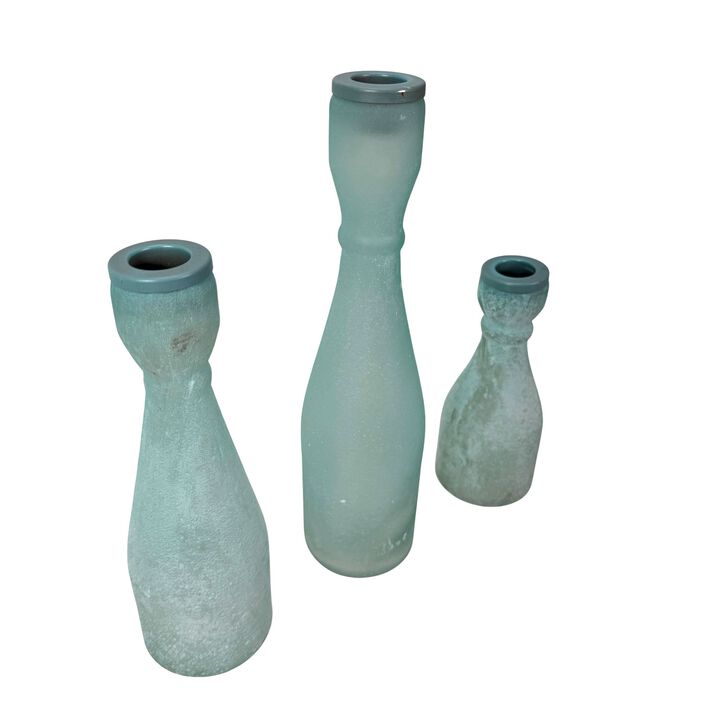 Frosted Glass Taper Candle Holder Set Of 3, Tallest 10 In Blue-Green