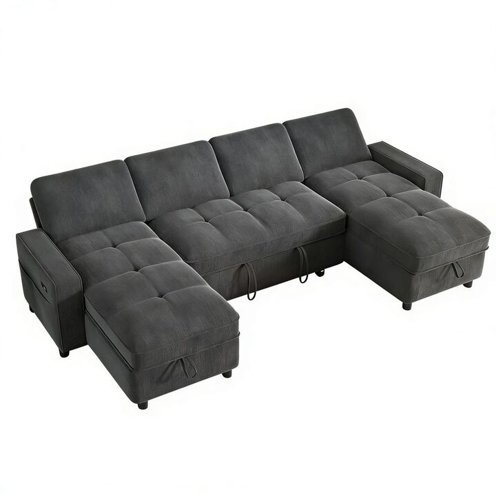 105" U-Shaped Sleeper Sofa Bed, Chenille Pull Out Couch with Reversible Storage Chaise, 5-Position