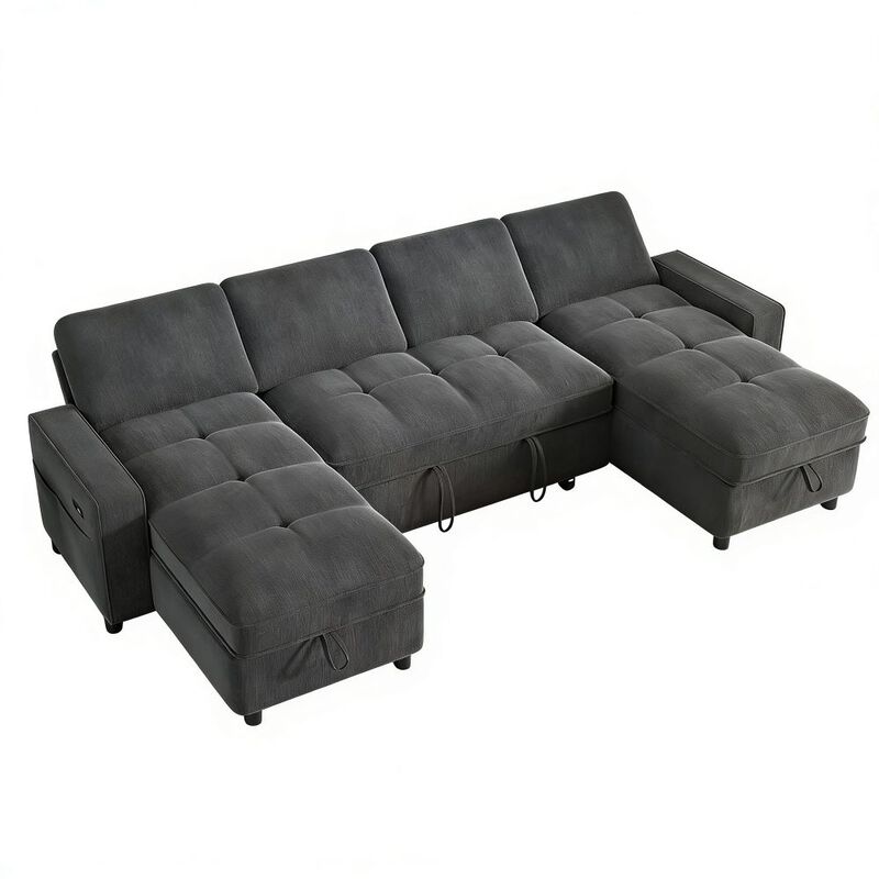 105" U-Shaped Sleeper Sofa Bed, Chenille Pull Out Couch with Reversible Storage Chaise, 5-Position image number 0