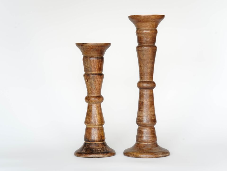 Traditional Medium Burnt Eco-friendly Handmade Mango Wood Set Of Two 6" & 9" Pillar Candle Holder BBH Homes