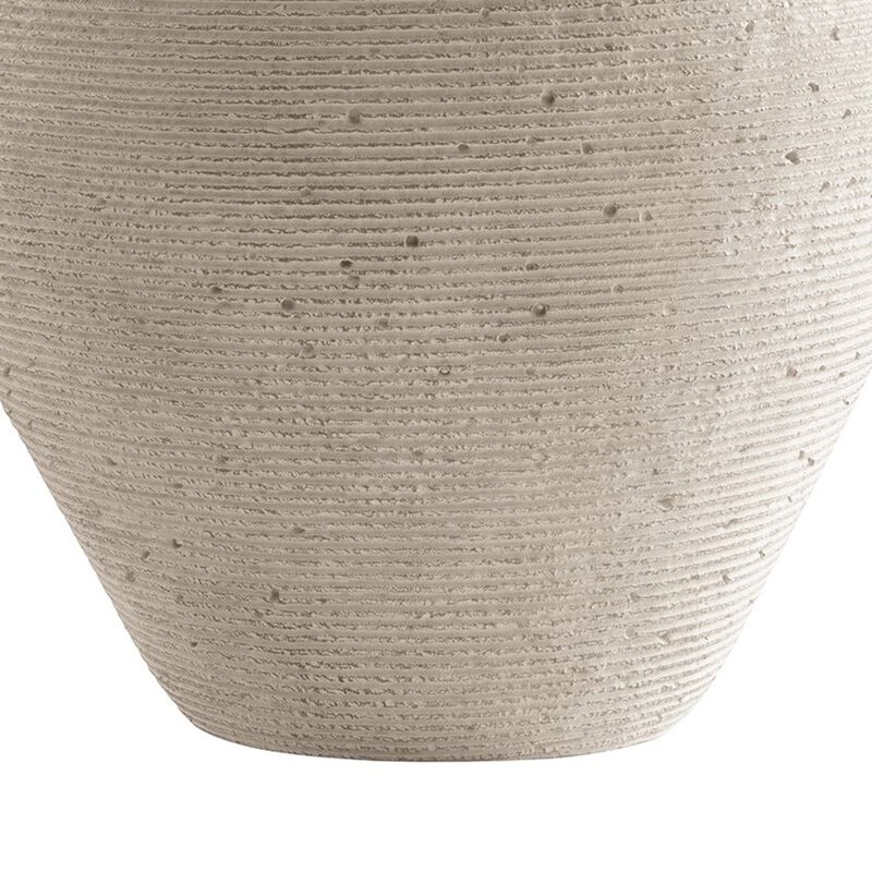 Dale 17 Inch Round Polyresin Vase, Tightly Ribbed Texture, Antique Beige - Benzara