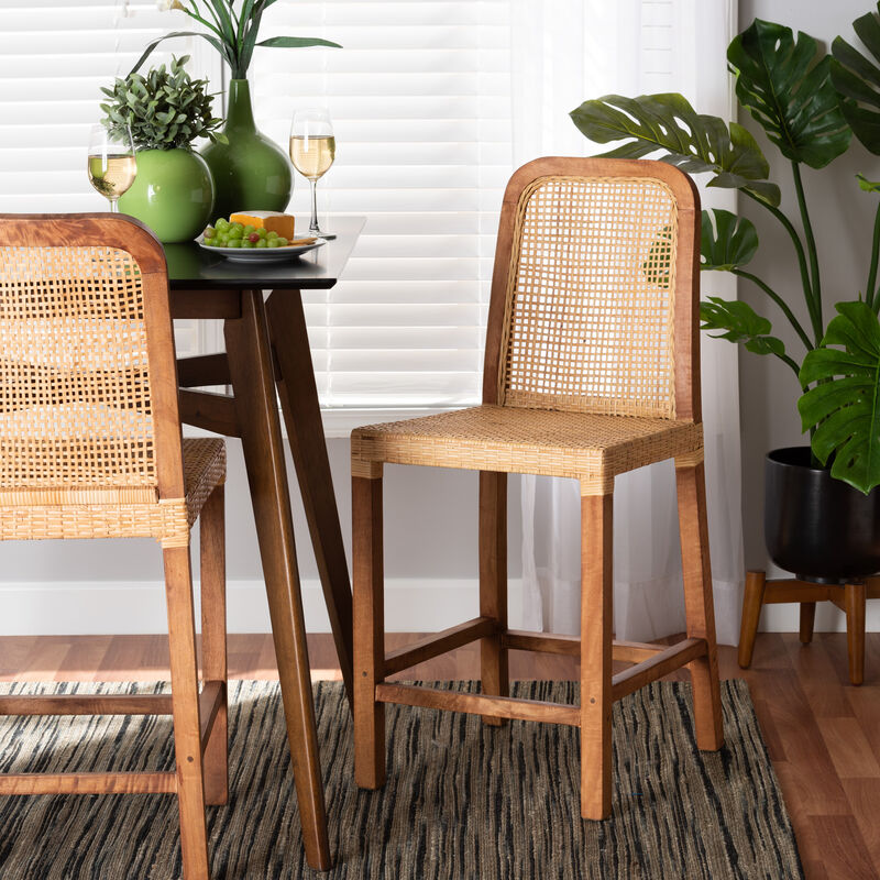 Baxton Studio Caspia Mid-Century Modern Walnut Brown Mahogany Wood and Natural Rattan Counter Stool