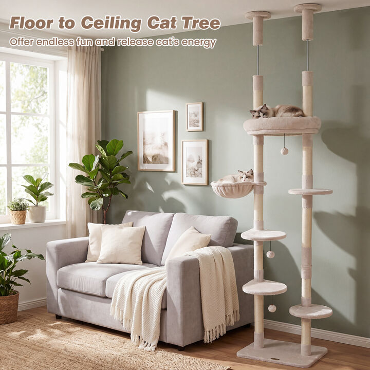 6 Tier Floor to Ceiling Cat Tree with Plush Bed and Sisal Scratching Posts