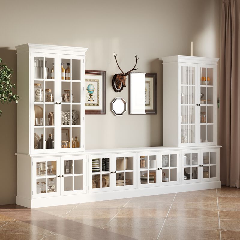 FUFU&GAGA Modern Glass-Door TV Cabinet with Vintage Metal Handles, Tempered Glass Display, and Solid Wood Feet, Water-Based Paint Finish, (125.2 in. W x 15.7 in. D x 76 in. H), White