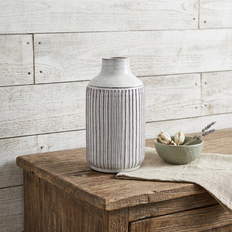 HomeRoots 10" Off White Terracotta Striped Cylinder Table Vase image number 1