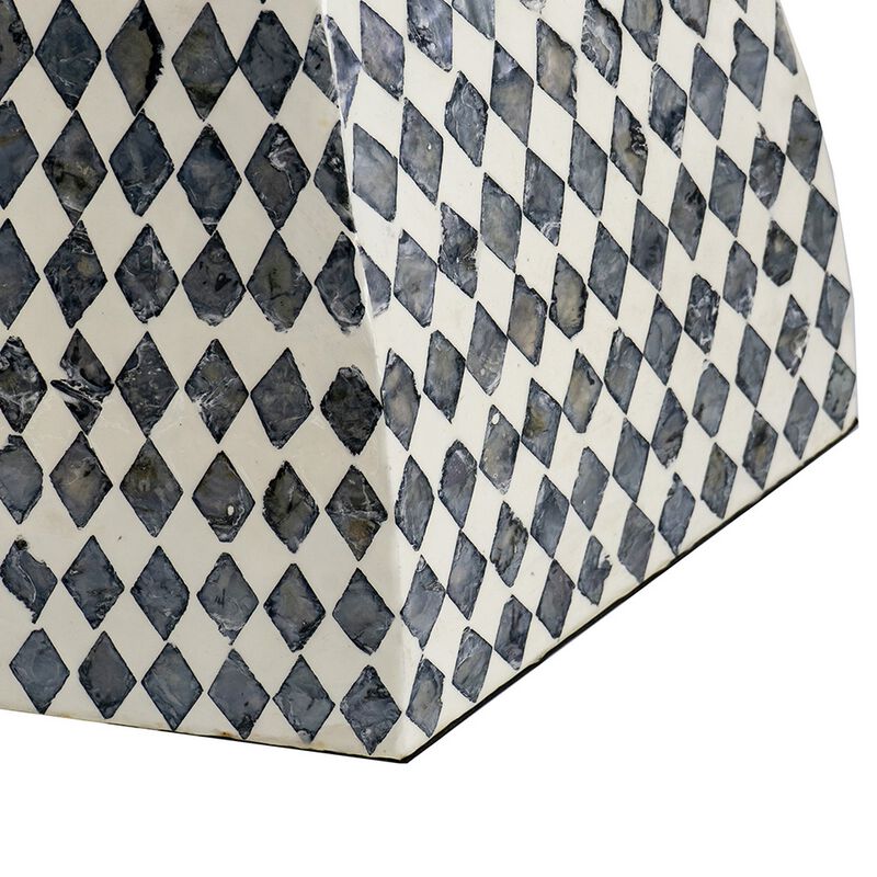 17 Inch Modern Hexagonal Table Stool, Capiz Inlaid Platform, White, Black - Benzara