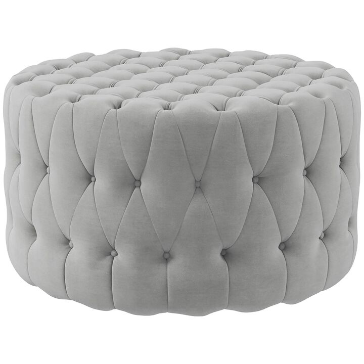 Gray Velvet-Feel Round Ottoman: Button Tufted, Padded Seat
