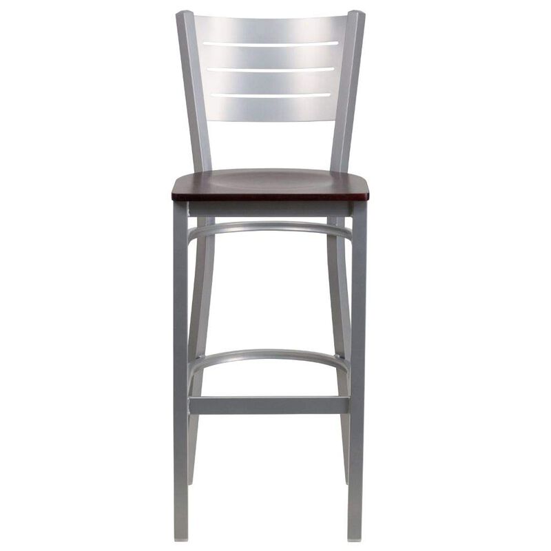Flash Furniture HERCULES Series Silver Slat Back Metal Restaurant Barstool - Mahogany Wood Seat