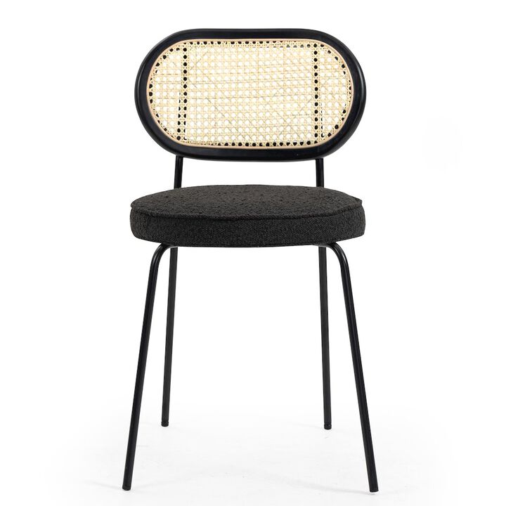 Glamour Home Set of 2 Black Boucle Fabric Dining Chair Rattan Backrest and Black Chrome Legs